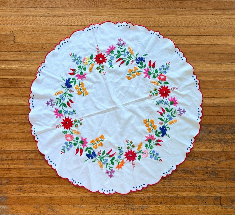 Vintage Hungarian Kalocsa Hand Embroidered Tablecloth 29" Round Table Topper